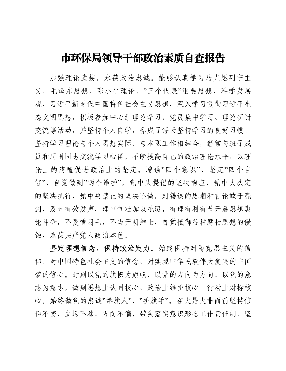 市环保局领导干部政治素质自查报告.doc_第1页