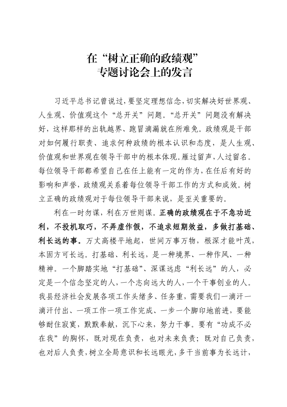 树立正确的政绩观专题讨论发言.docx_第1页