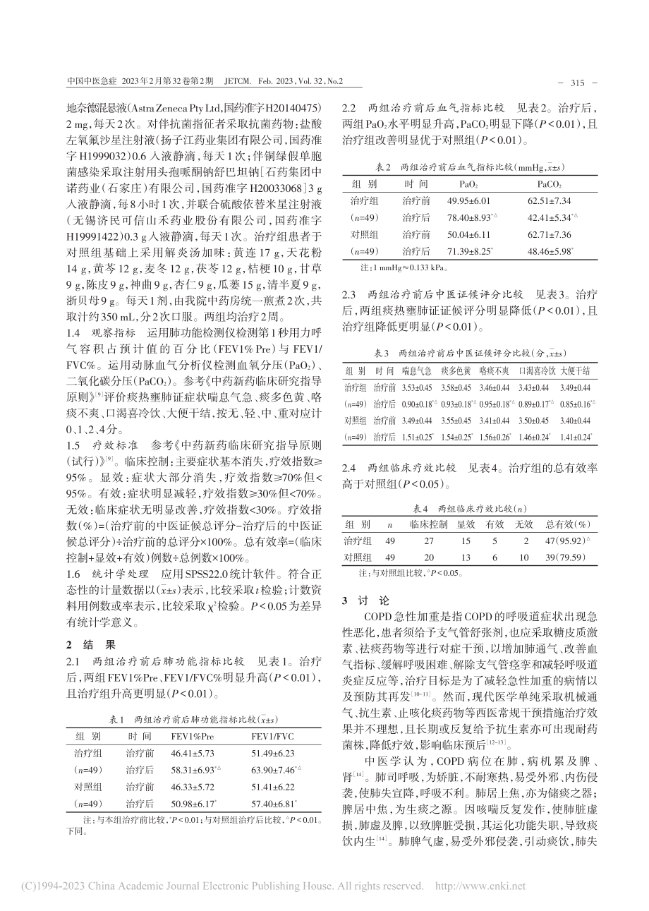 解炎汤加味治疗慢性阻塞性肺...期（痰热壅肺证）的疗效观察_俞洋.pdf_第2页