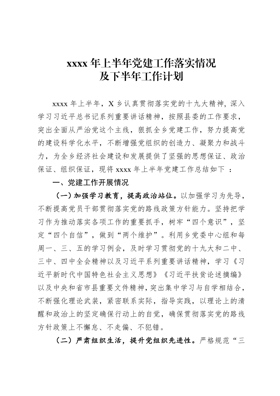 20200720-2020年上半年党建工作落实情况及下半年计划.doc_第1页