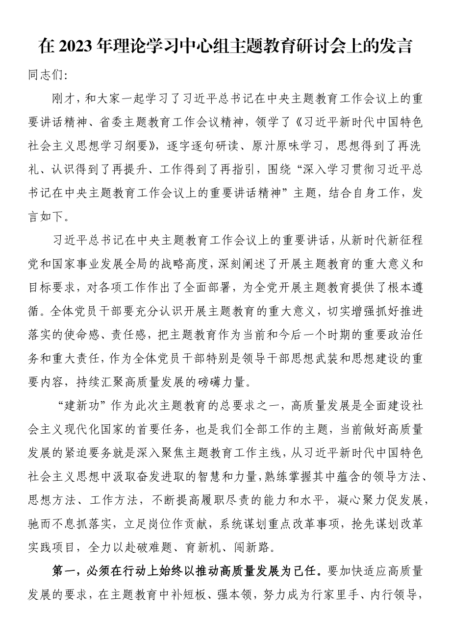 在2023年理论学习中心组主题教育研讨会上的发言 .docx_第1页