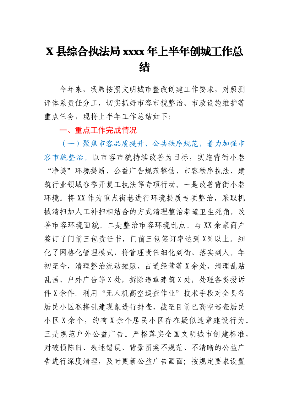 县综合执法局2021年上半年创城工作总结.docx_第1页