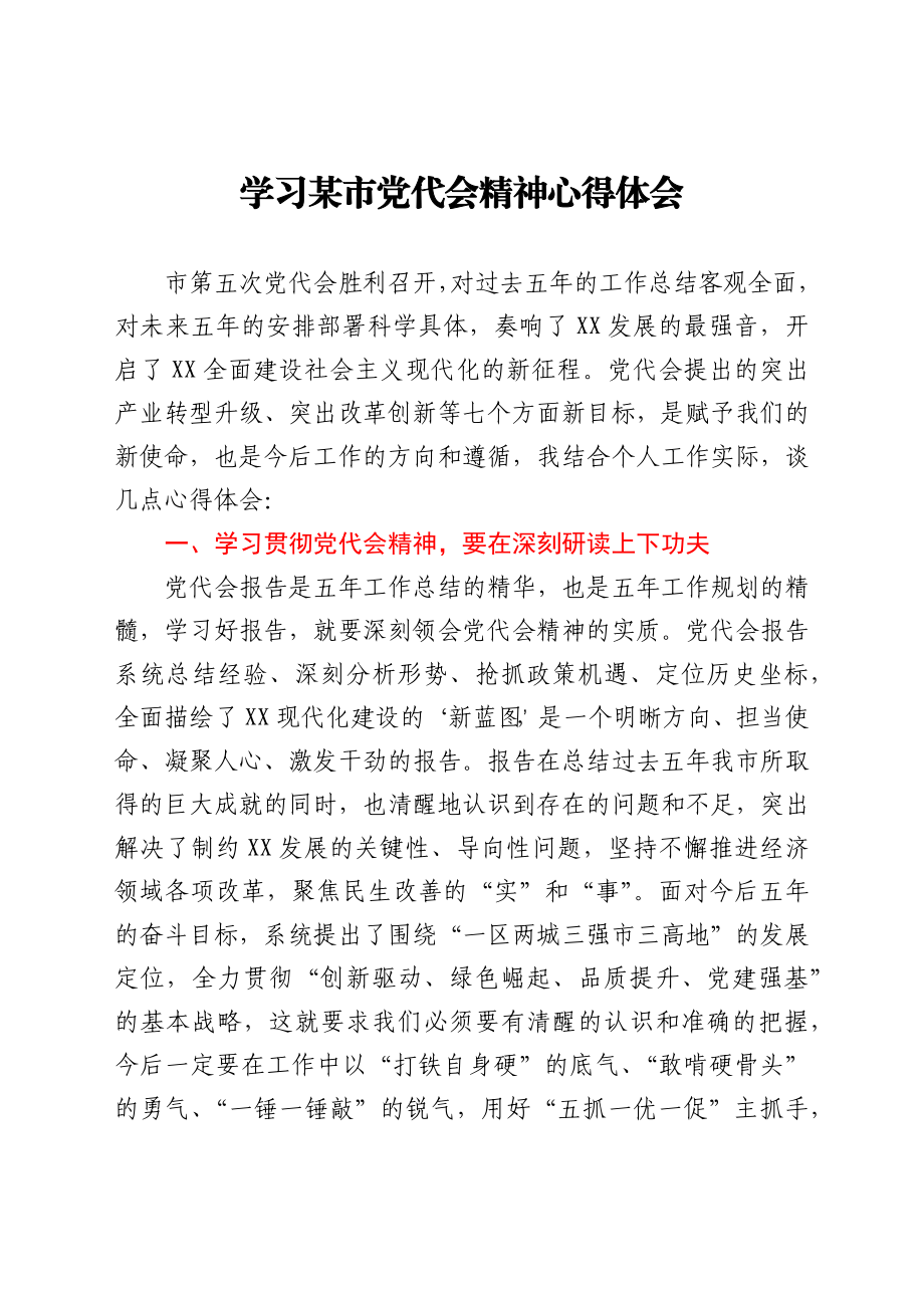 学习某市党代会精神心得体会.docx_第1页