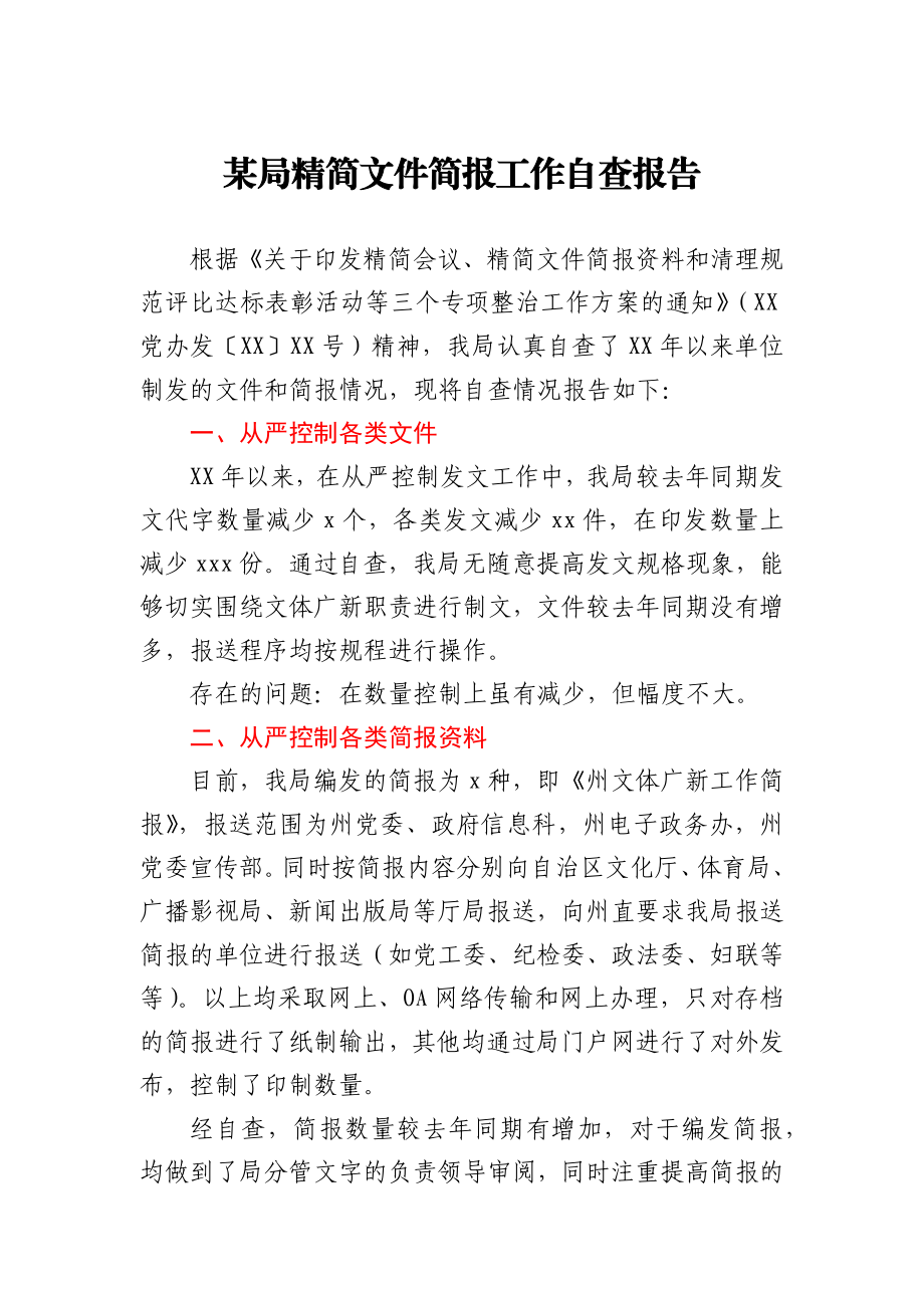 某局精简文件简报工作自查报告.docx_第1页