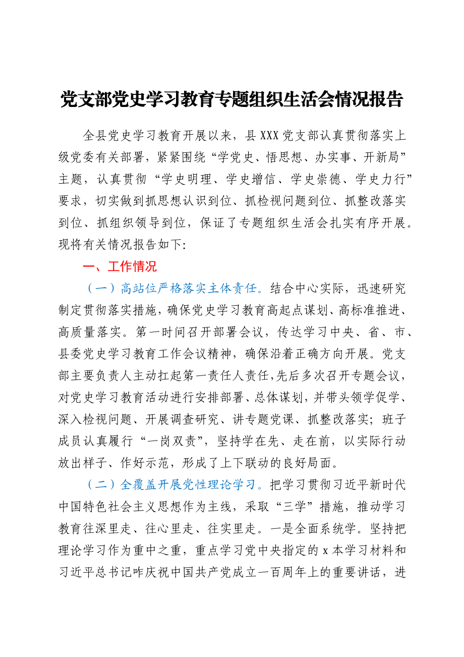 党支部党史学习教育专题组织生活会情况报告.docx_第1页