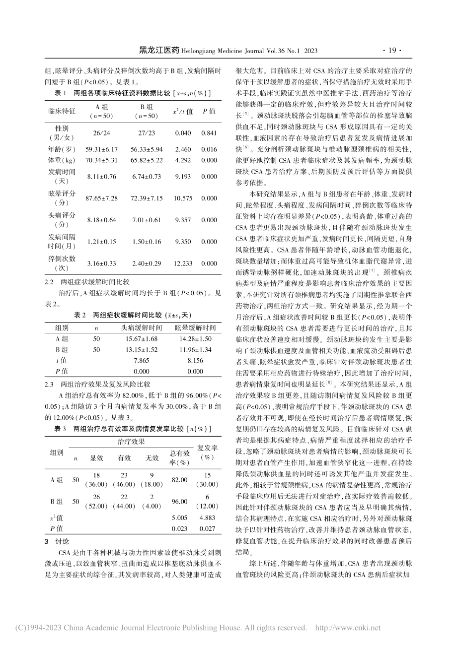 颈动脉斑块椎动脉型颈椎病临床特征及预后的相关性研究_伍振宇.pdf_第3页