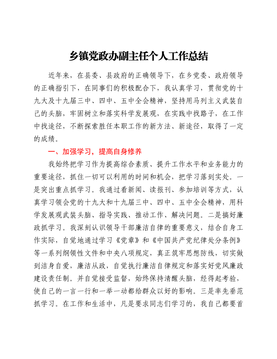 乡镇党政办副主任个人工作总结.docx_第1页