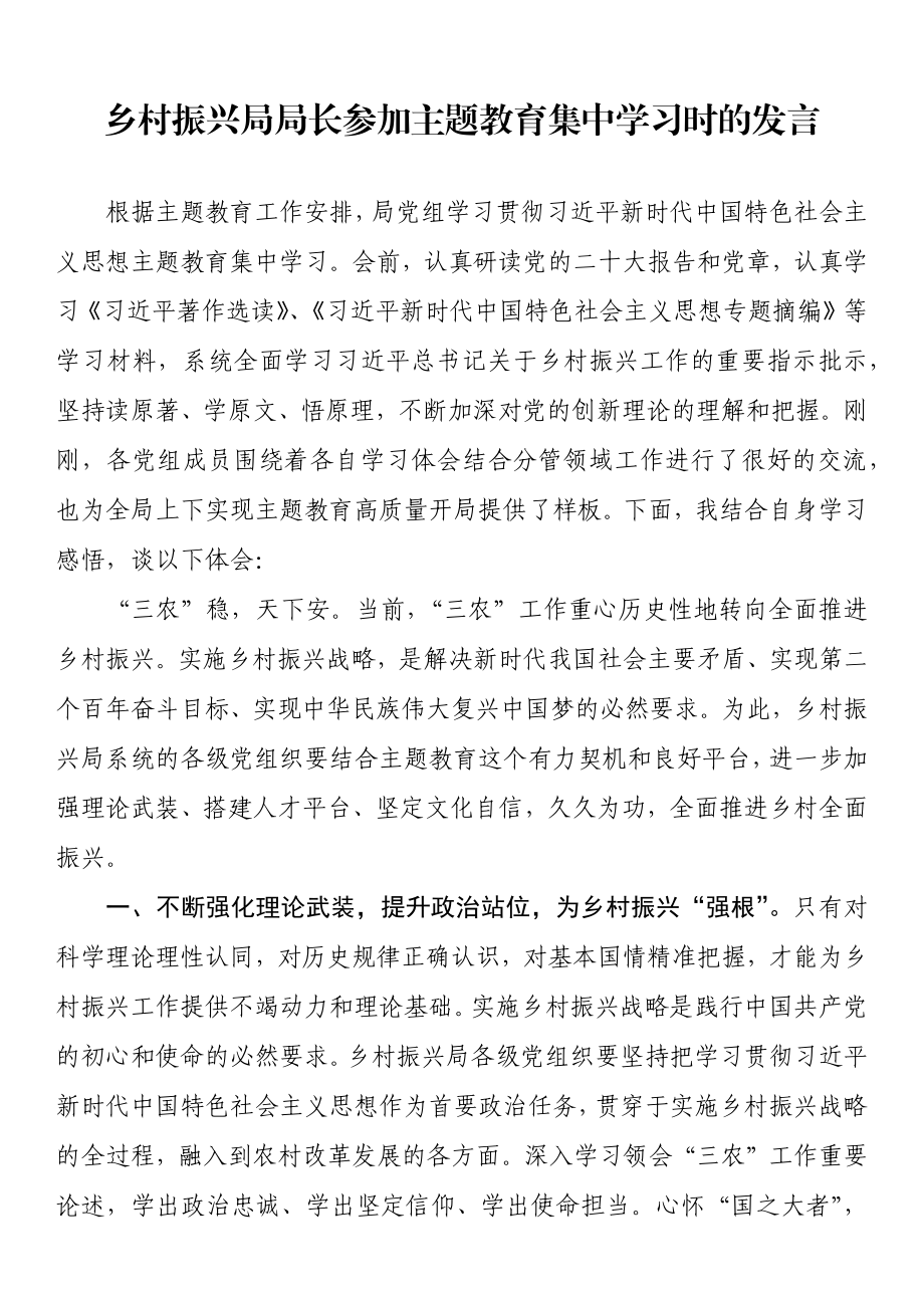 乡村振兴局局长参加主题教育集中学习时的发言.docx_第1页