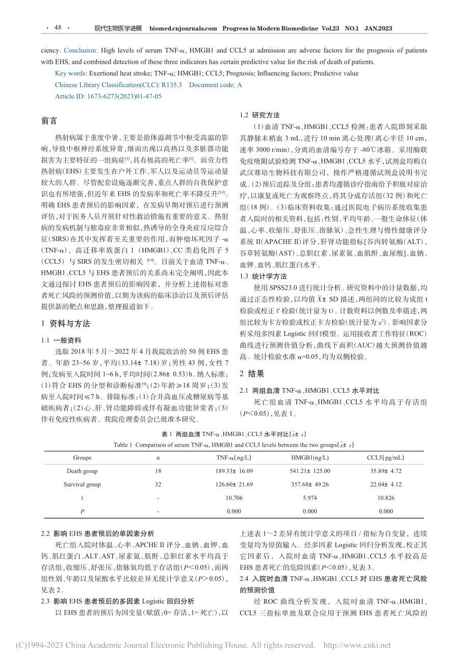 劳力性热射病患者预后的影响...5对死亡风险的预测价值研究_凌林.pdf_第2页