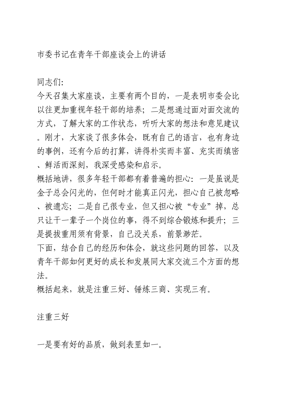 市委书记在青年干部座谈会上的讲话.doc_第1页