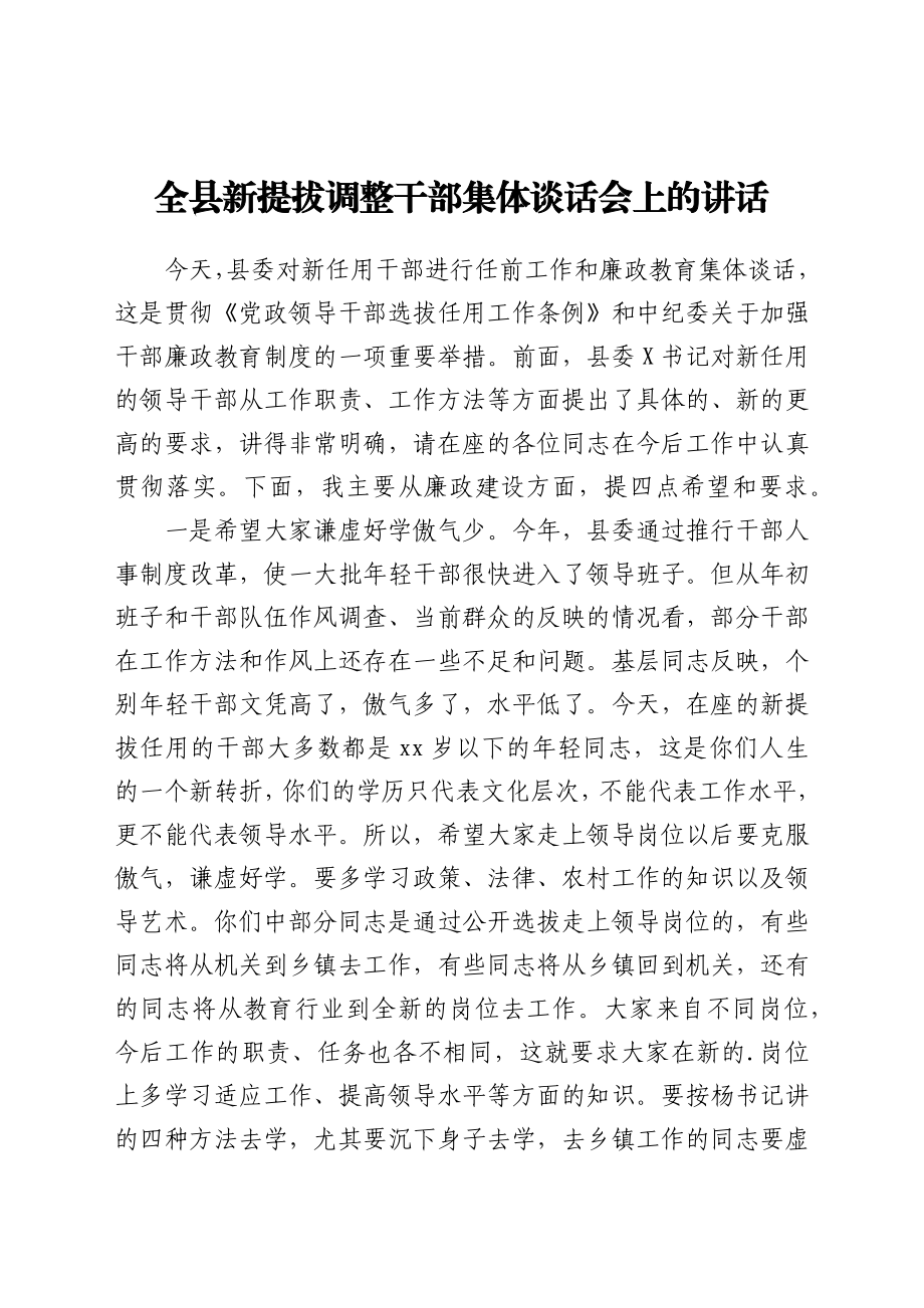 在新提拔调整干部集体谈话会上的讲话.docx_第1页