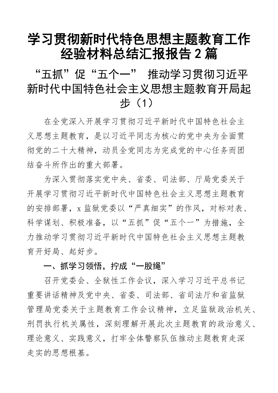 学习贯彻新时代特色思想主题教育工作经验材料总结汇报报告2篇.docx_第1页