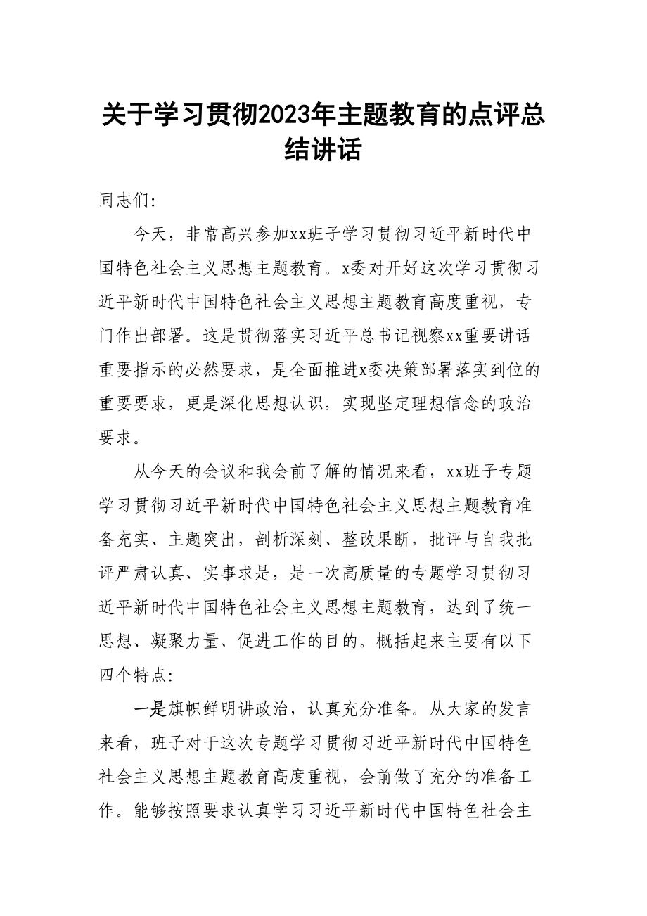 关于学习贯彻2023年主题教育的点评总结讲话 .docx_第1页