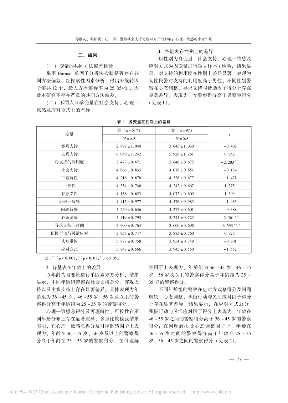 警察社会支持对应对方式的影响：心理一致感的中介作用_孙樱花.pdf_第3页