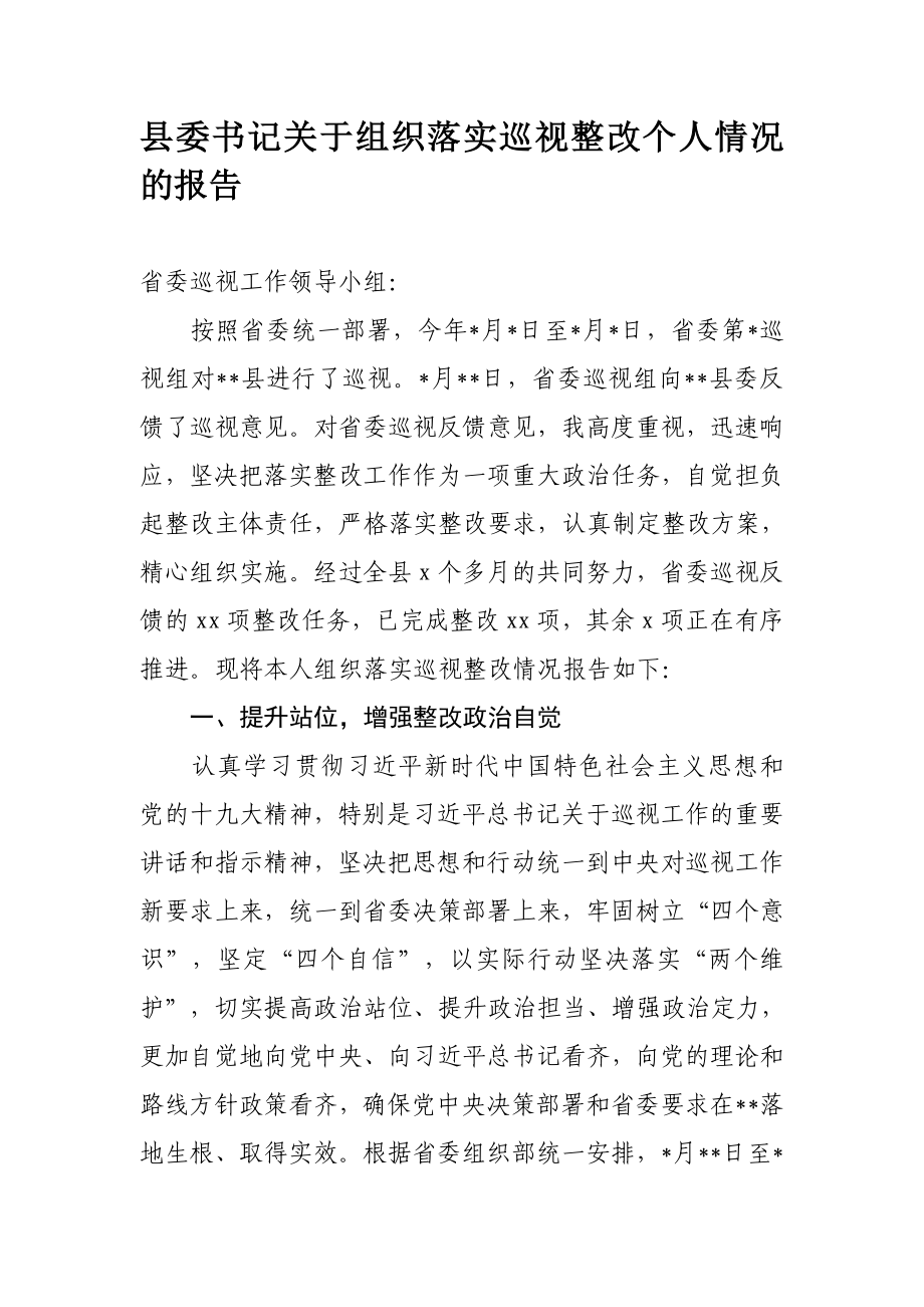 539、县委书记关于组织落实巡视整改个人情况的报告.docx_第1页