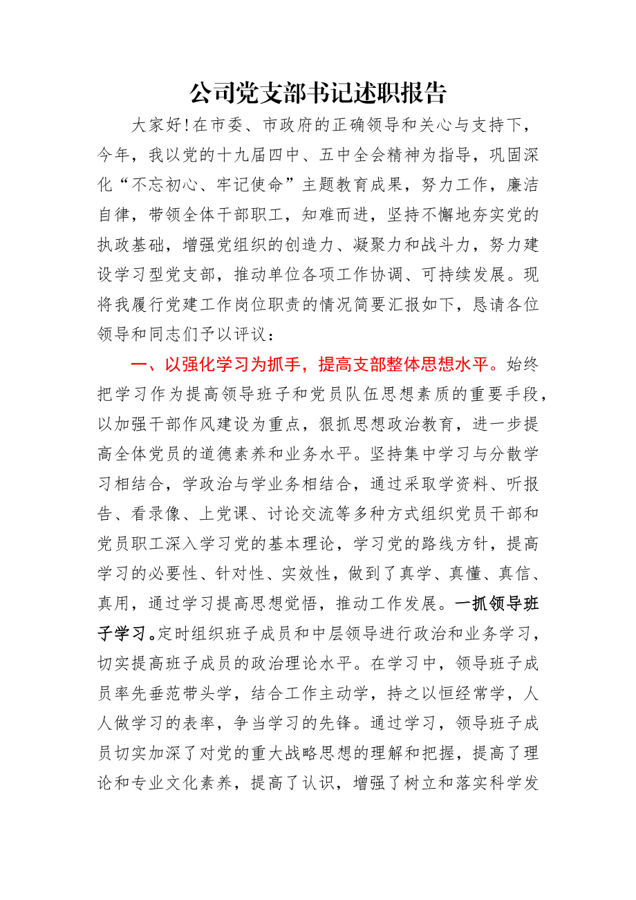 公司党支部书记抓党建工作述职报告.docx_第1页