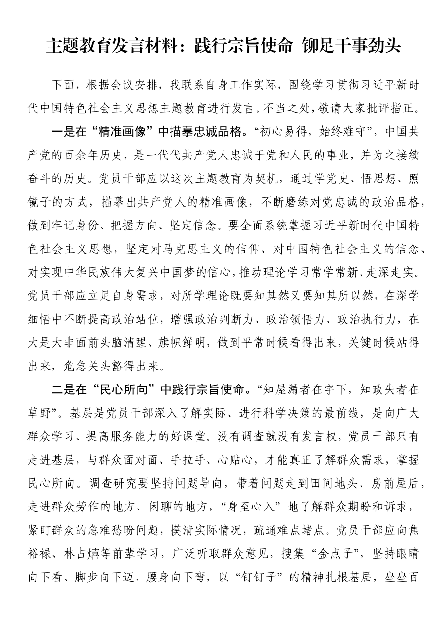 主题教育发言材料：践行宗旨使命 铆足干事劲头.docx_第1页