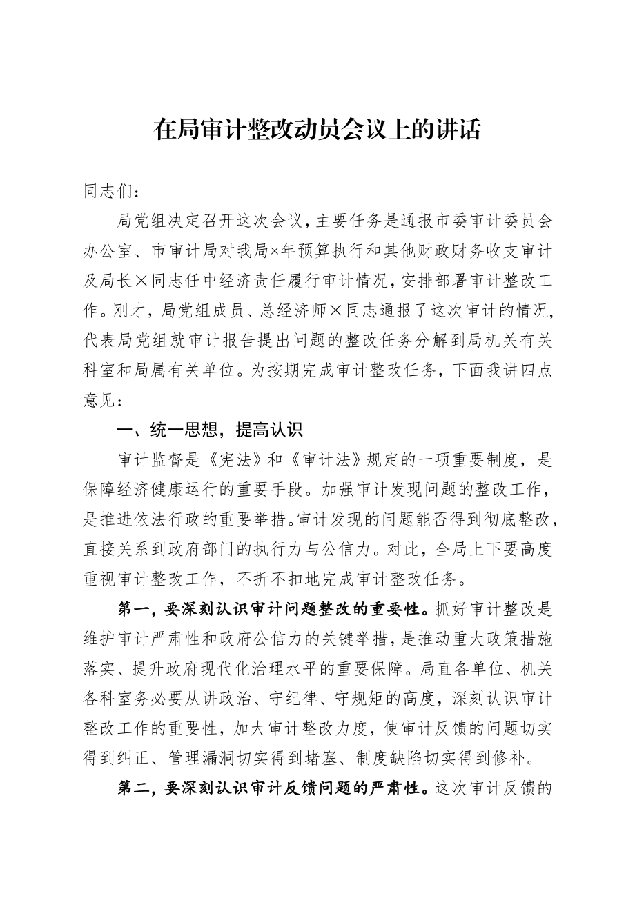 20200910在局审计整改动员会议上的讲话.docx_第1页