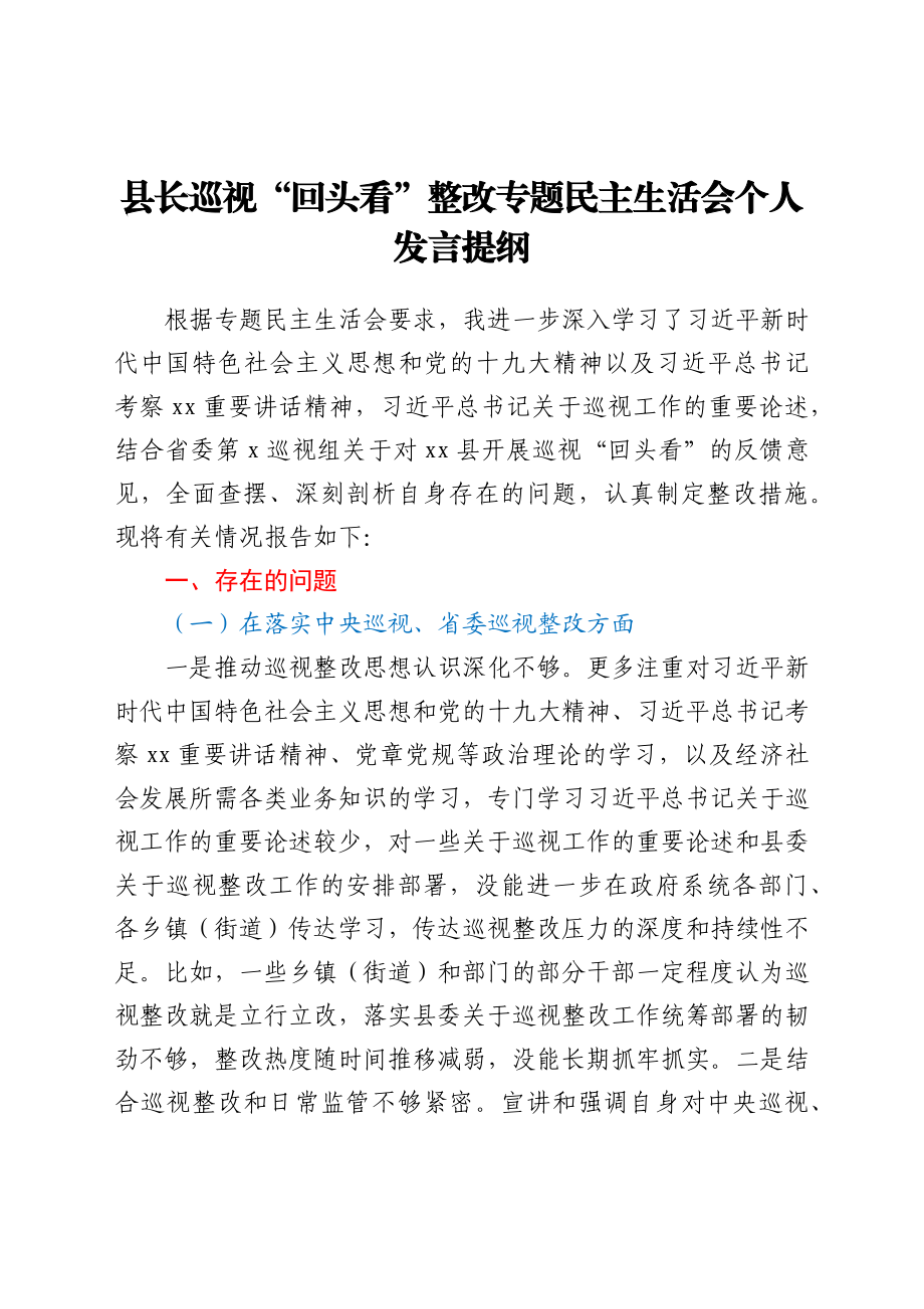 县长巡视“回头看”整改专题民主生活会个人发言提纲.docx_第1页