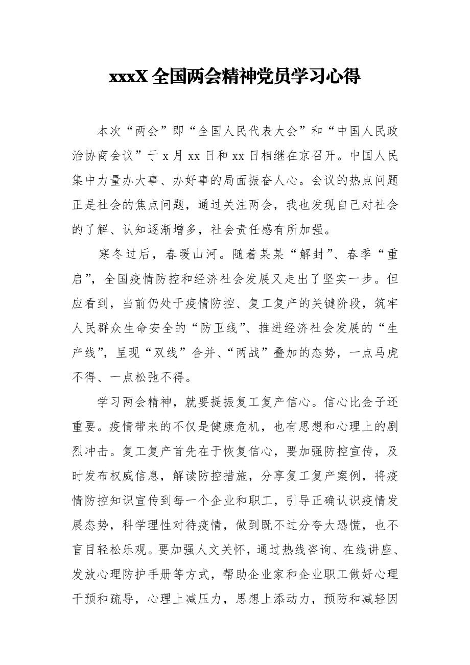 202X全国两会精神党员学习心得.docx_第1页