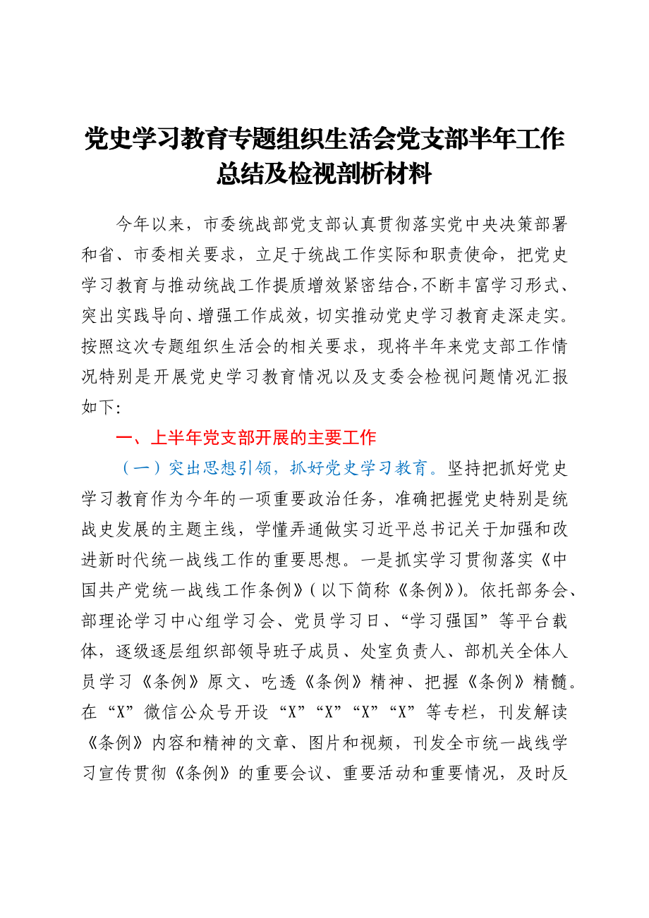 党史学习教育专题组织生活会党支部半年工作总结及检视剖析材料.docx_第1页