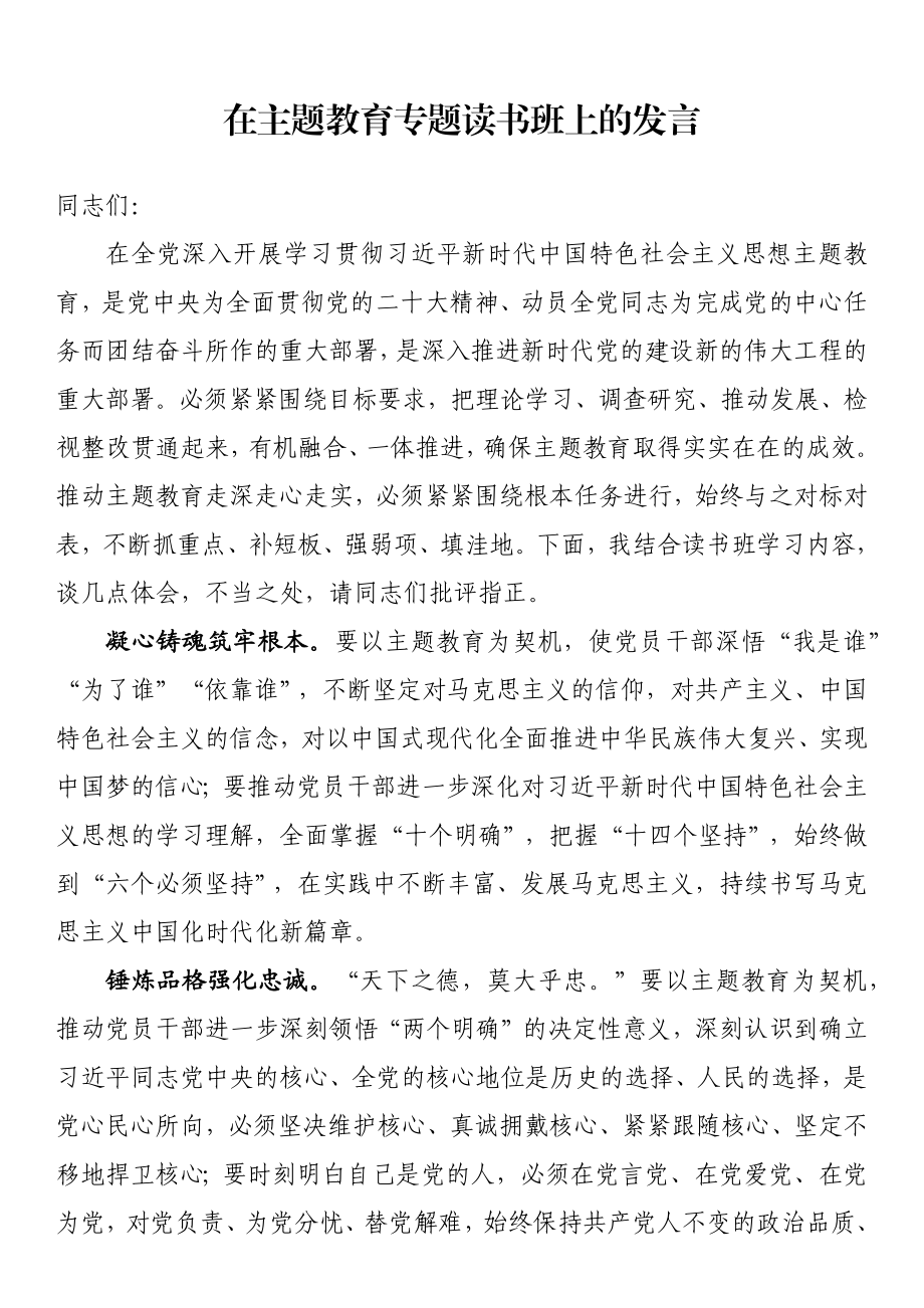 在主题教育专题读书班上的发言.docx_第1页