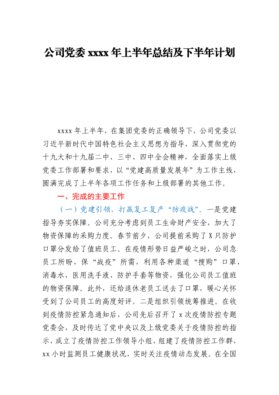 公司党委2020年上半年总结及下半年计划.docx_第1页