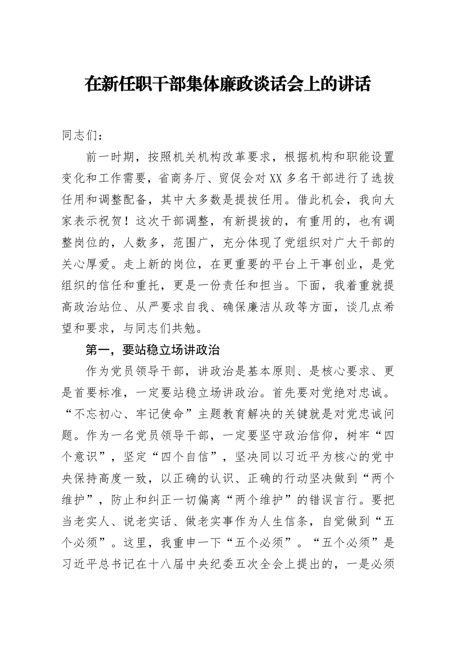 20200411笔友分享在新任职干部集体廉政谈话会上的讲话.docx_第1页