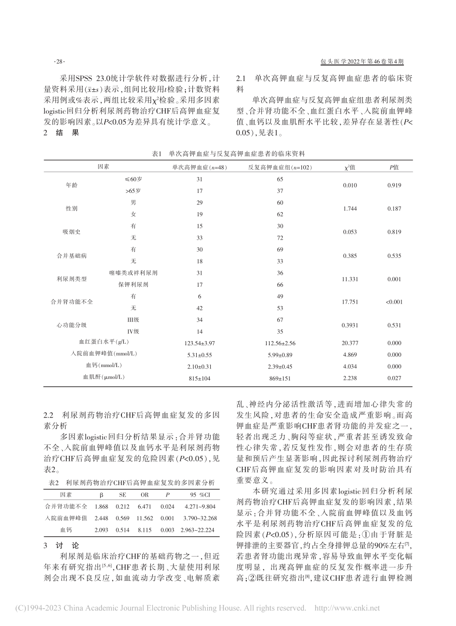 利尿剂药物治疗慢性心衰后高...血症复发临床特征及影响因素_王丽丽.pdf_第2页