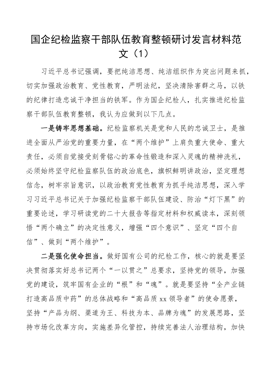 国有企业纪检监察干部队伍教育整顿研讨发言材料集团公司4篇 .docx_第1页