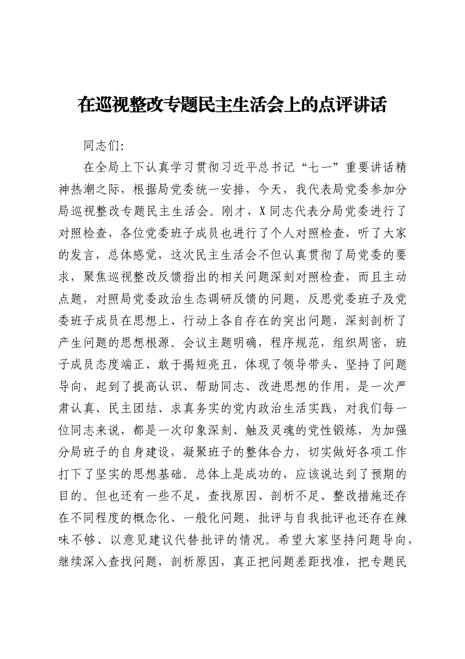 在巡视整改专题民主生活会上的点评讲话.docx_第1页