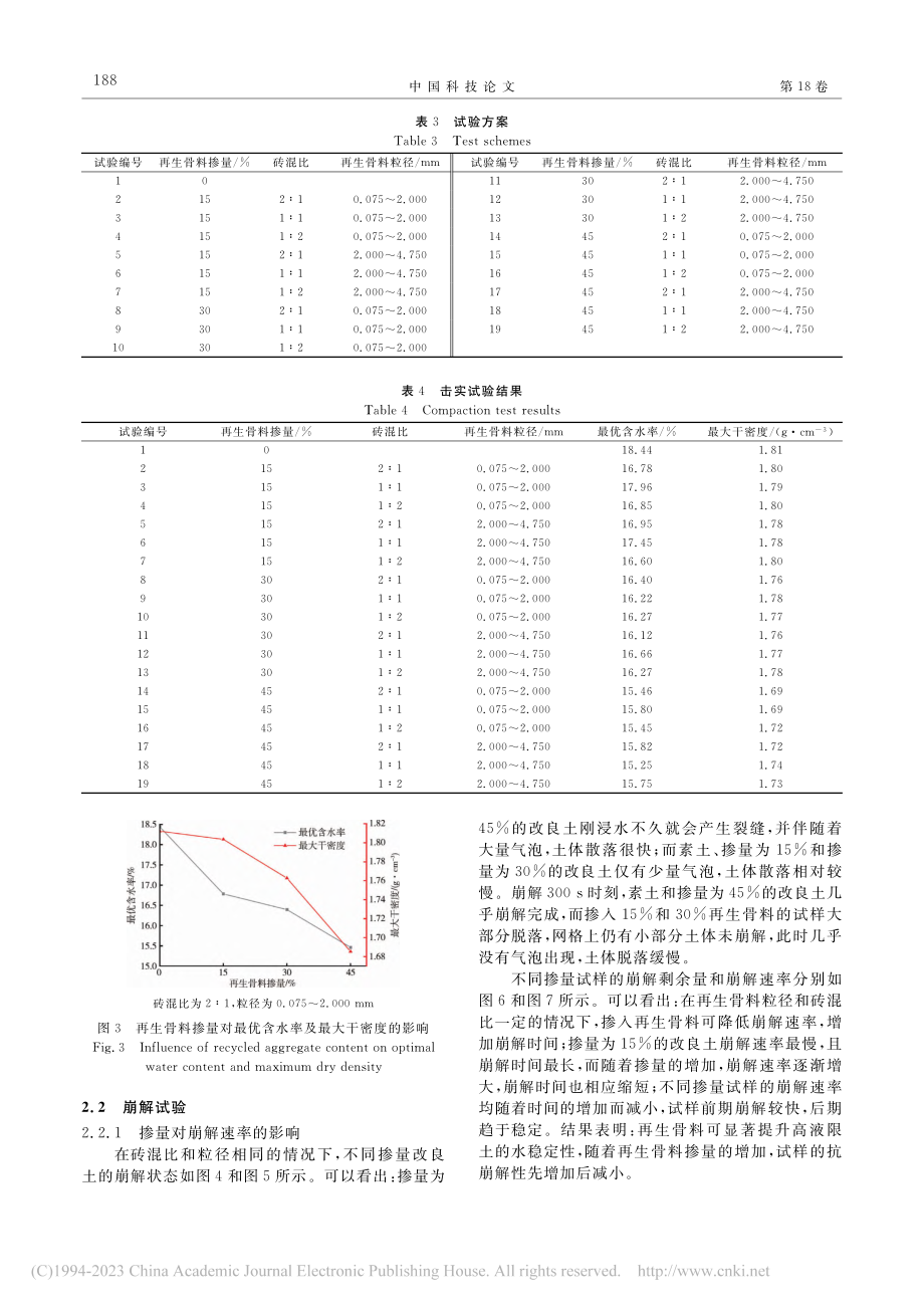 建筑垃圾再生骨料改良高液限土崩解特性_马强.pdf_第3页