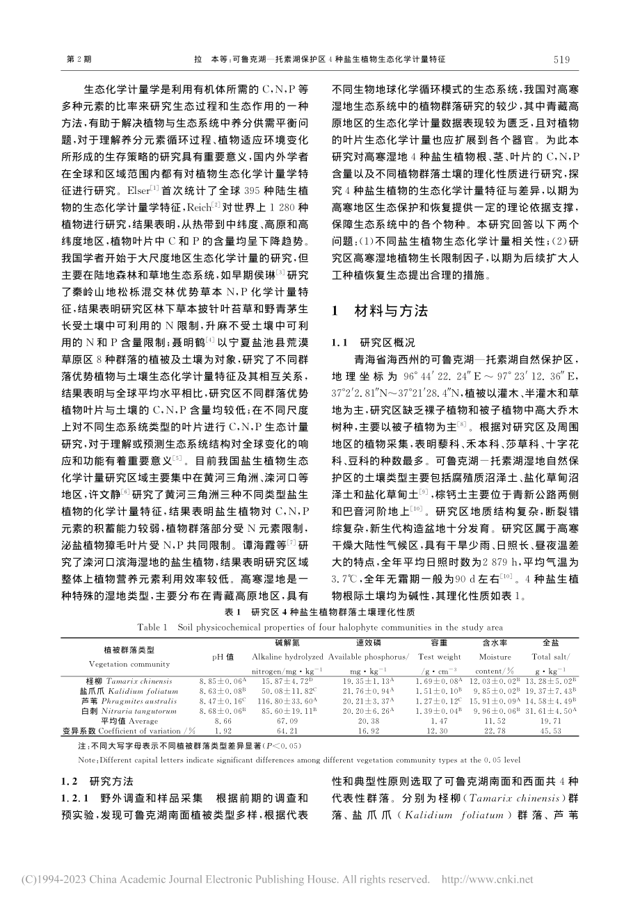 可鲁克湖—托素湖保护区4种盐生植物生态化学计量特征_拉本.pdf_第2页