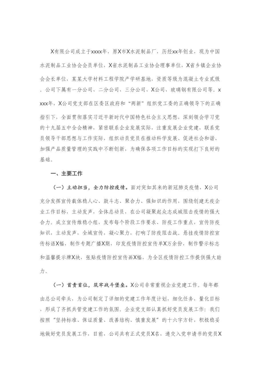 公司党支部书记抓基层党建工作书记述职报告.doc_第1页