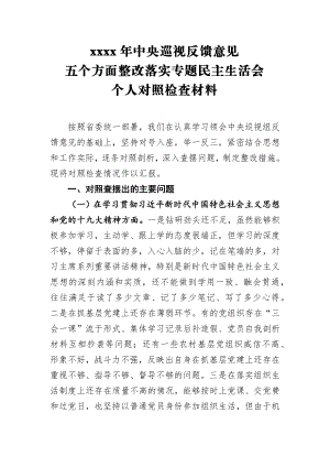 10、中央巡视反馈意见五个方面整改落实专题民主生活会个人对照检查材料.docx