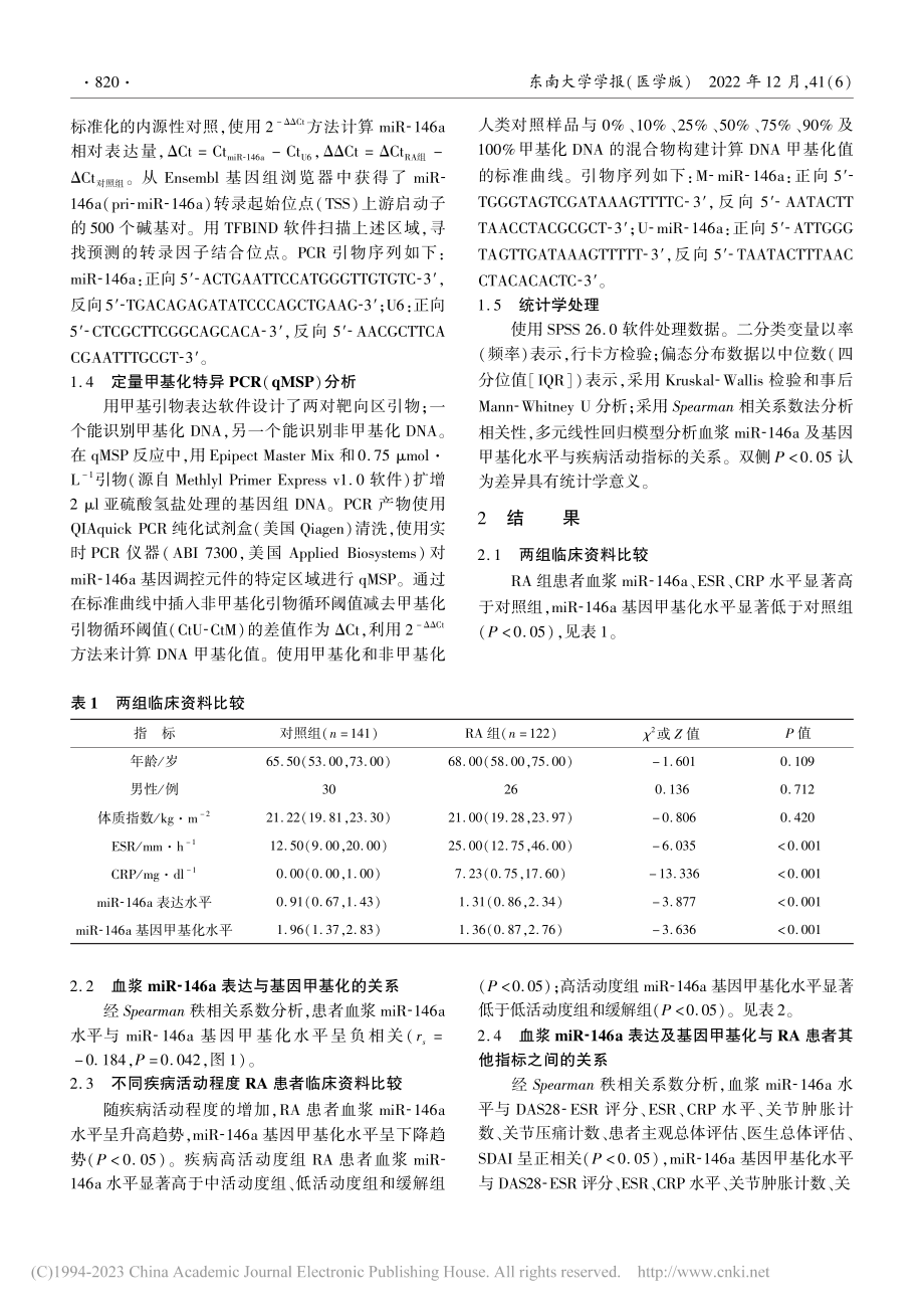 类风湿关节炎患者血浆miR...甲基化与疾病活动程度的关系_庞琳烜.pdf_第3页