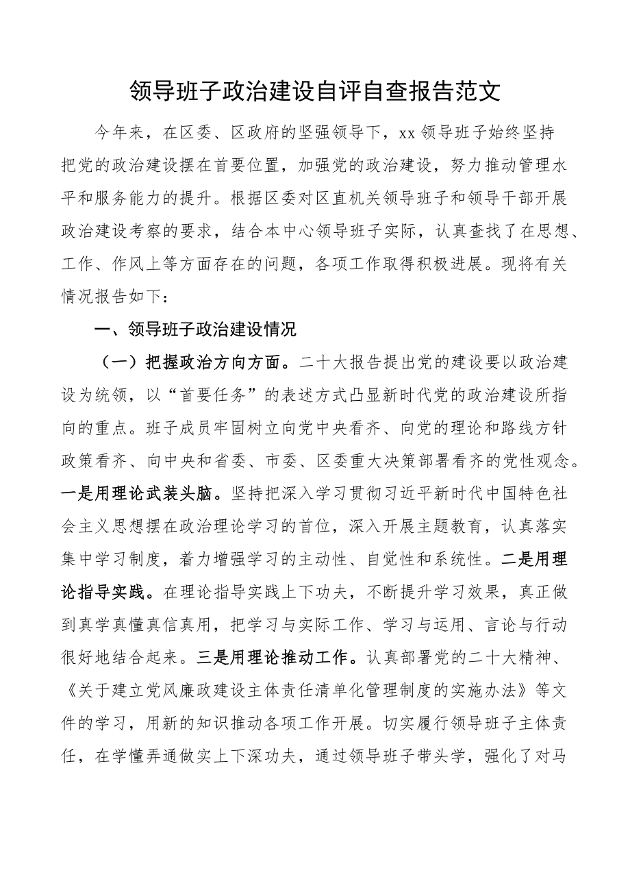 领导班子政治建设自评自查报告工作汇报总结.docx_第1页