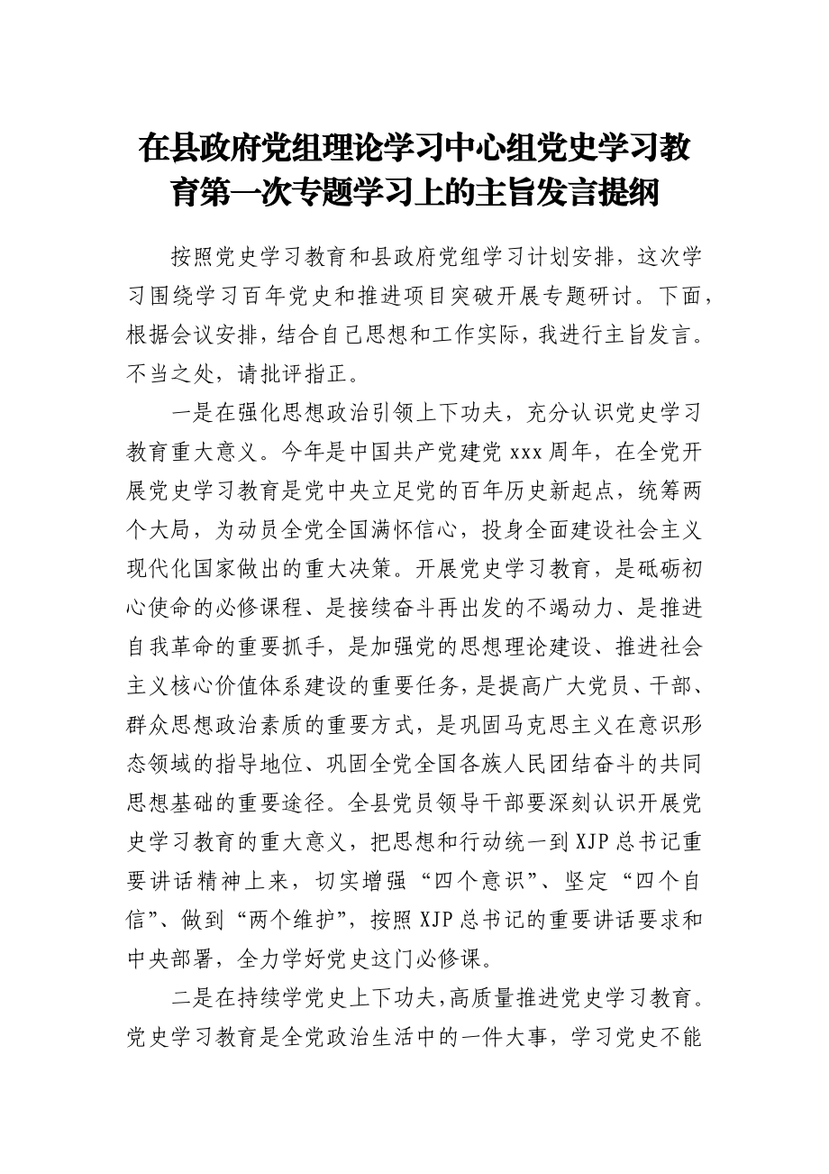 在县政府党组理论学习中心组党史学习教育第一次专题学习上的主旨发言提纲.docx_第1页