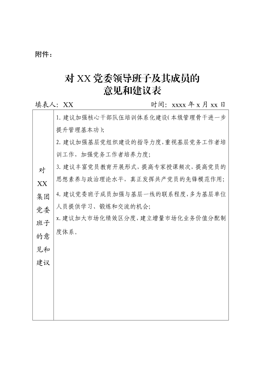 XX对XX集团党委领导班子及其成员的意见和建议表.docx_第1页