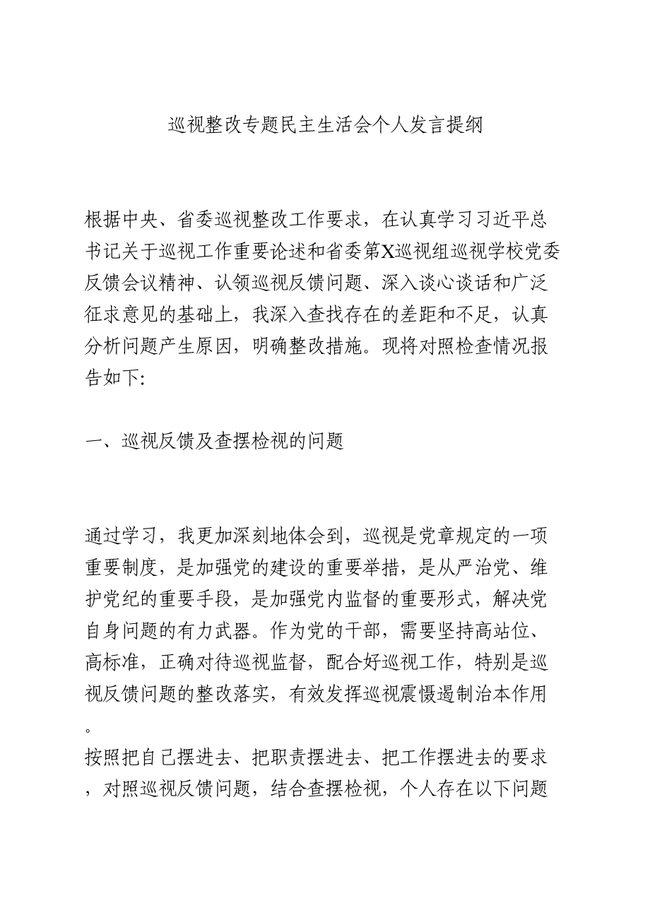 巡视整改专题民主生活会个人发言提纲.doc_第1页