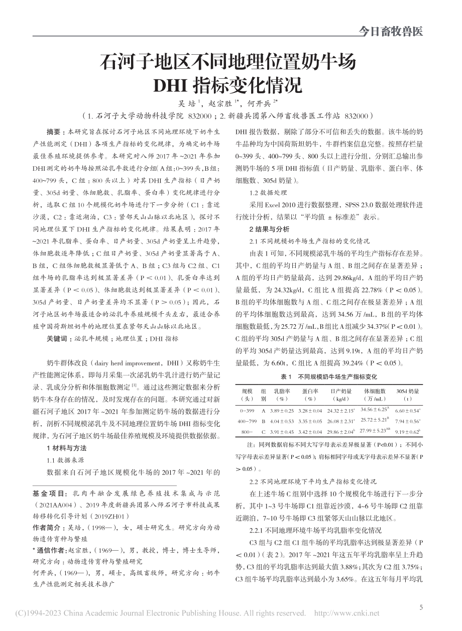 石河子地区不同地理位置奶牛场DHI指标变化情况_吴培.pdf_第1页