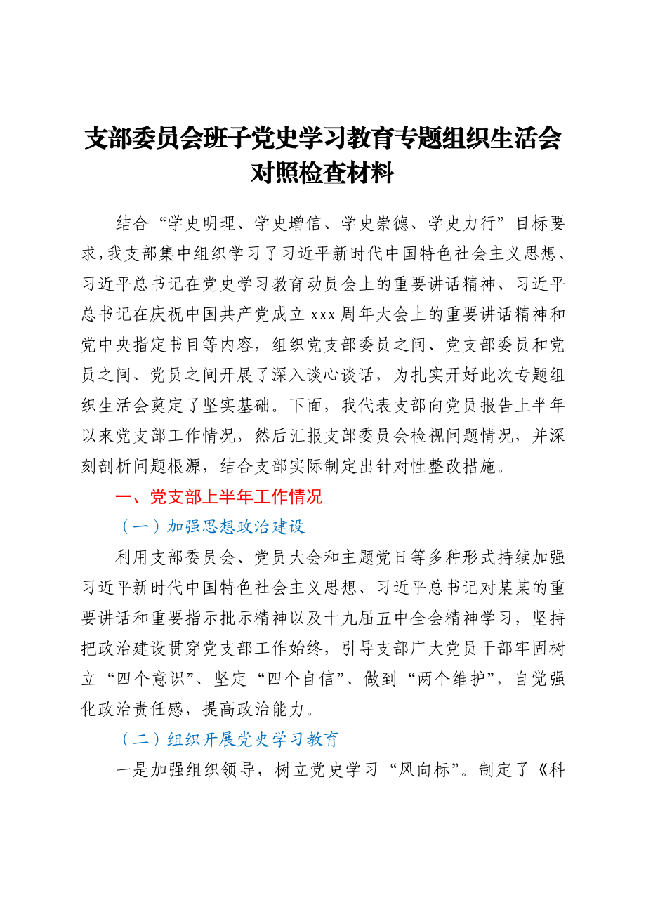 支部委员会班子党史学习教育专题组织生活会对照检查材料.docx_第1页