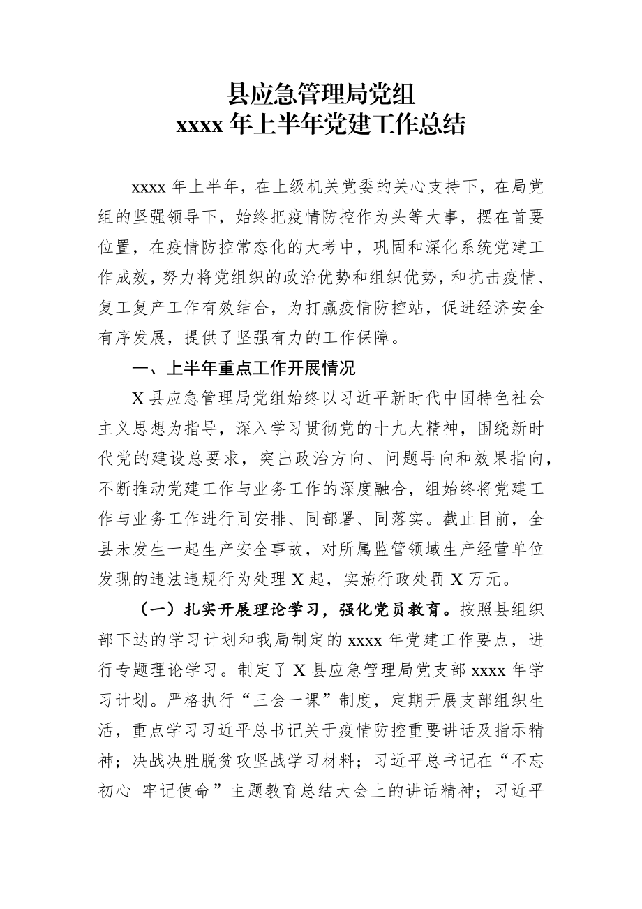 应急管理局2020年上半年党建工作总结.docx_第1页