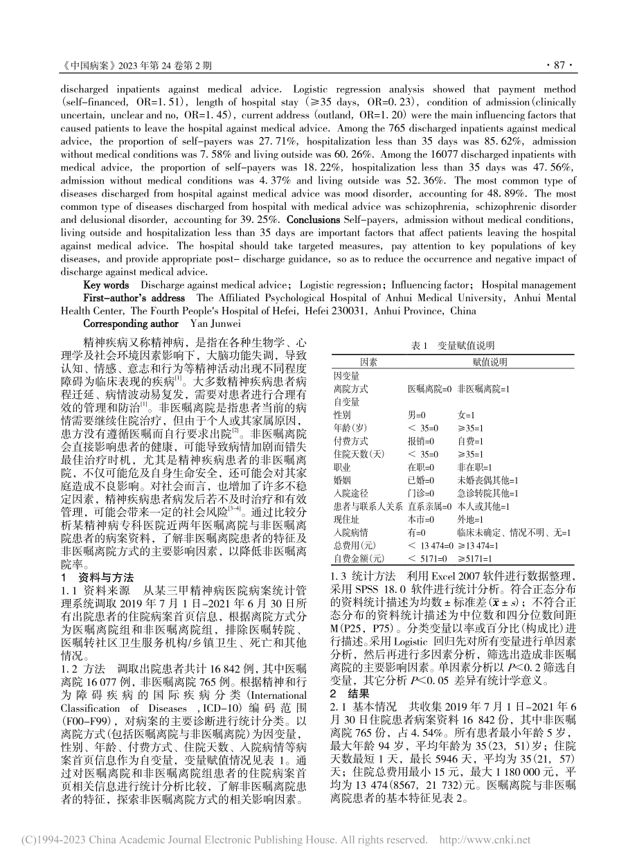 某精神病专科医院非医嘱离院...的Logistic回归分析_王智慧.pdf_第2页