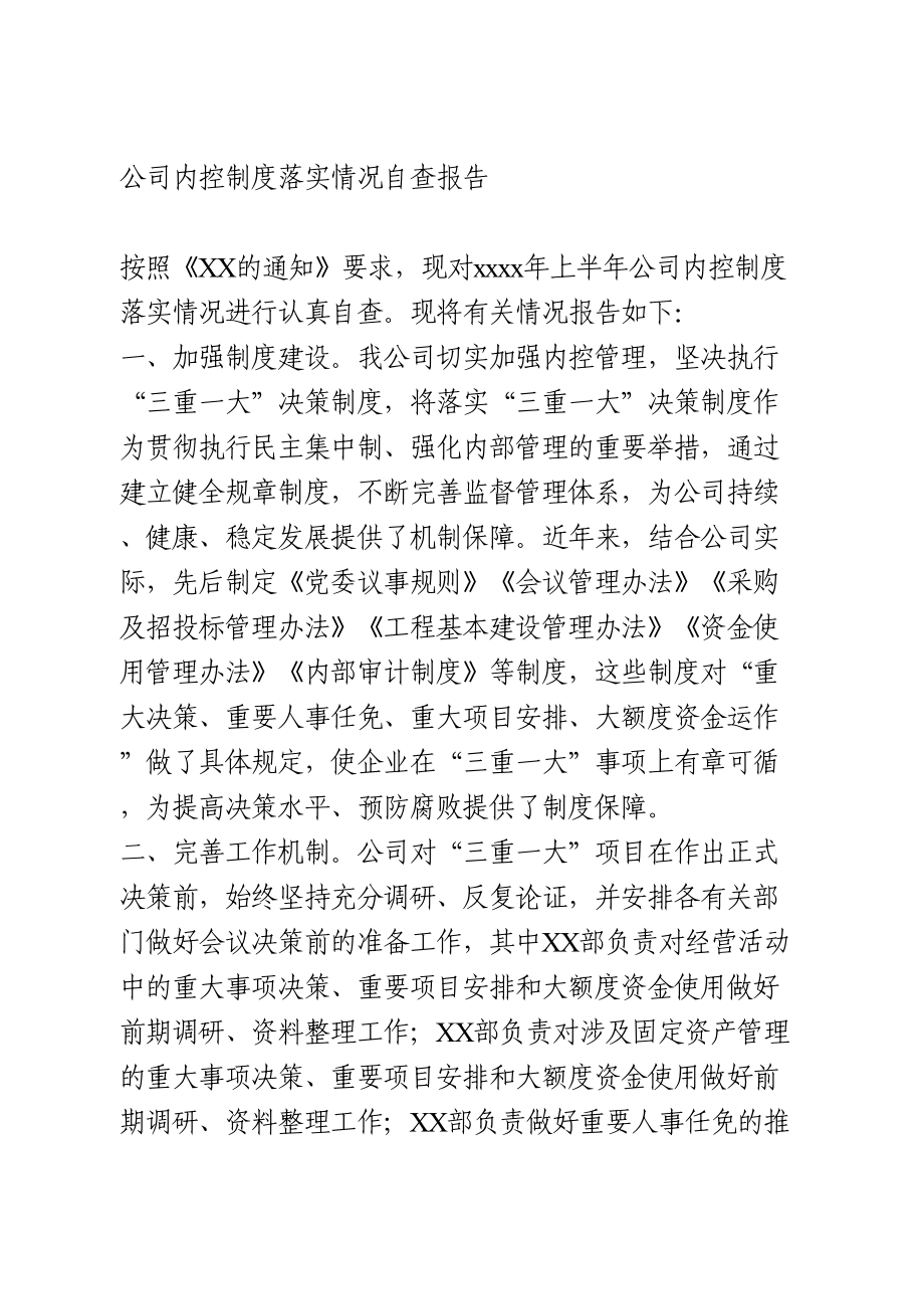 公司内控制度落实情况自查报告.doc_第1页