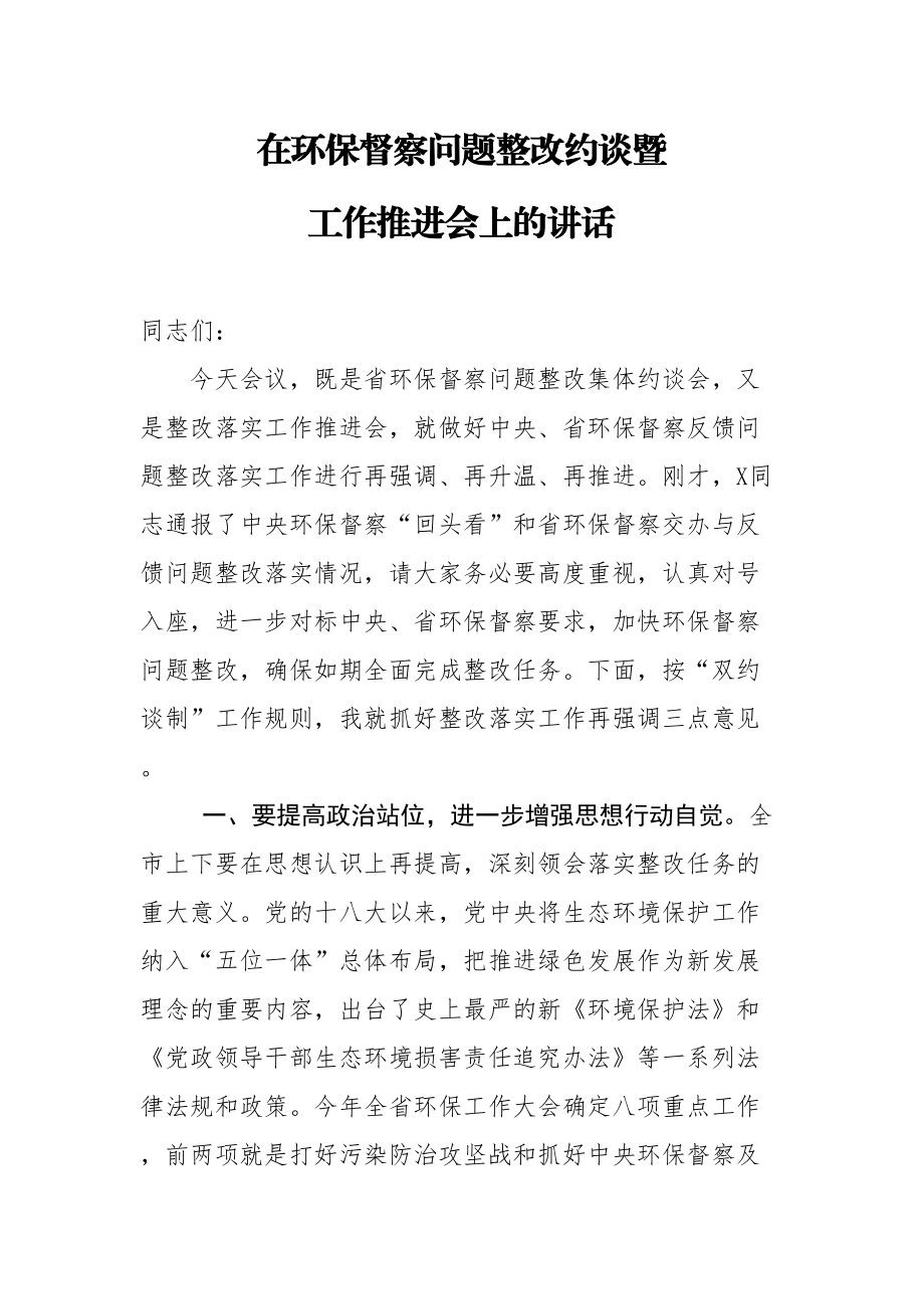 2020042304在环保督察问题整改约谈暨工作推进会上的讲话.doc_第1页