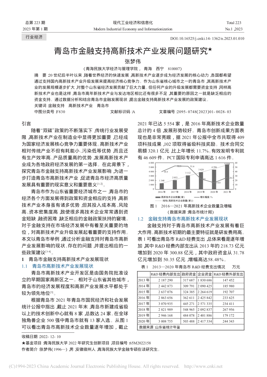 青岛市金融支持高新技术产业发展问题研究_张梦伟.pdf_第1页