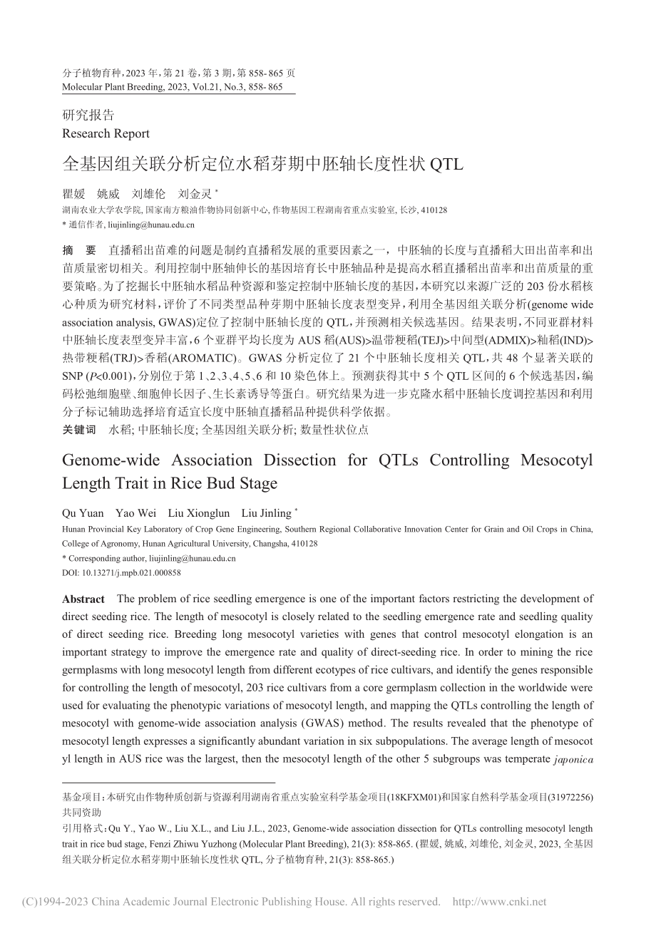 全基因组关联分析定位水稻芽期中胚轴长度性状QTL_瞿媛.pdf_第1页