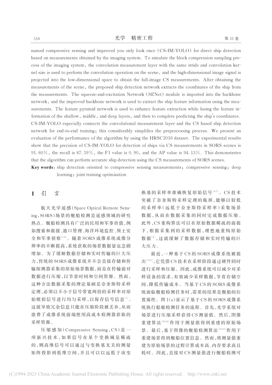 面向航天光学遥感场景压缩感知测量值的舰船检测_肖术明.pdf_第2页