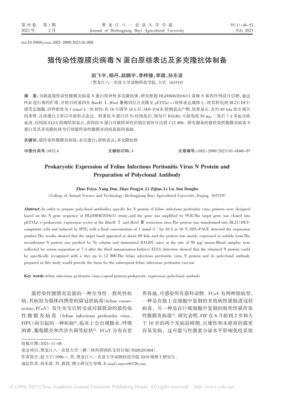 猫传染性腹膜炎病毒N蛋白原核表达及多克隆抗体制备_赵飞宇.pdf_第1页